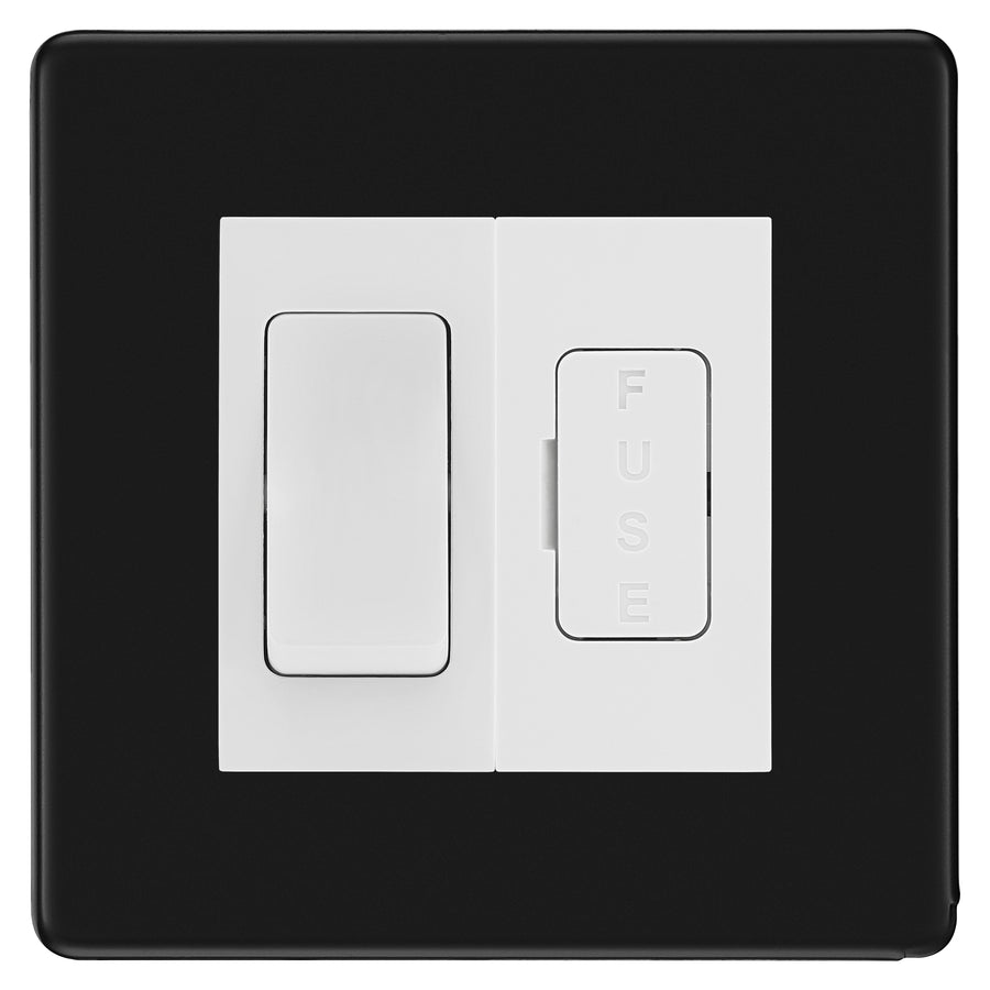 BG Flatplate Screwless Matt Black 20A Intermediate Switch & 13A Fused Spur Plate | White Insert