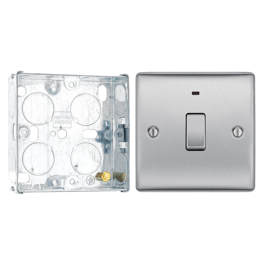 BG Nexus Brushed Steel 20A 2 Pole Single Neon Switch NBS31 with 25mm Steel Back Box
