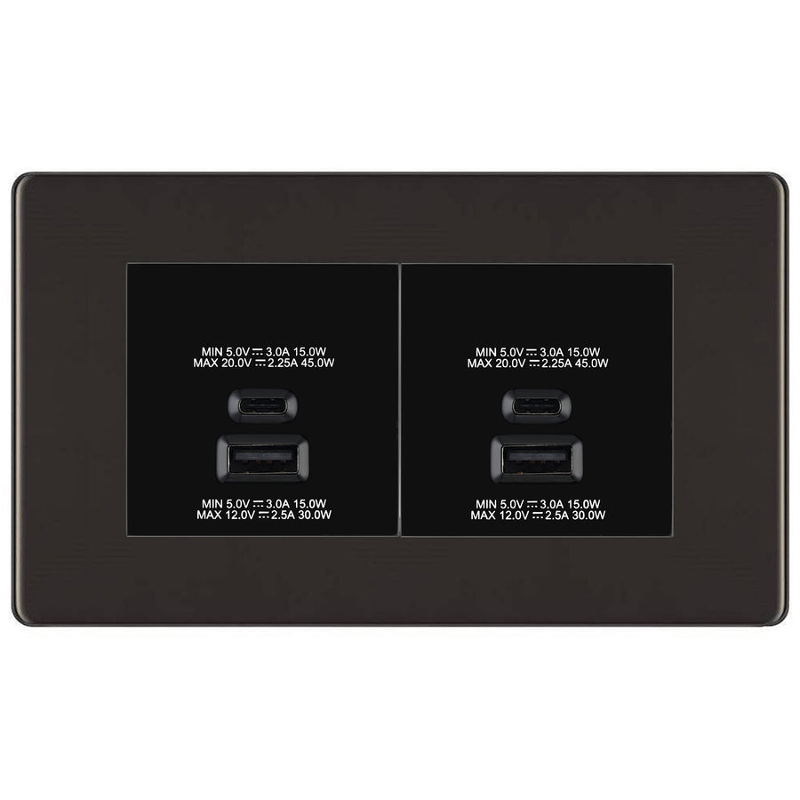 BG Screwless Black Nickel 4G Faceplate with 45W USB A+C Charger Modules – Black Insert