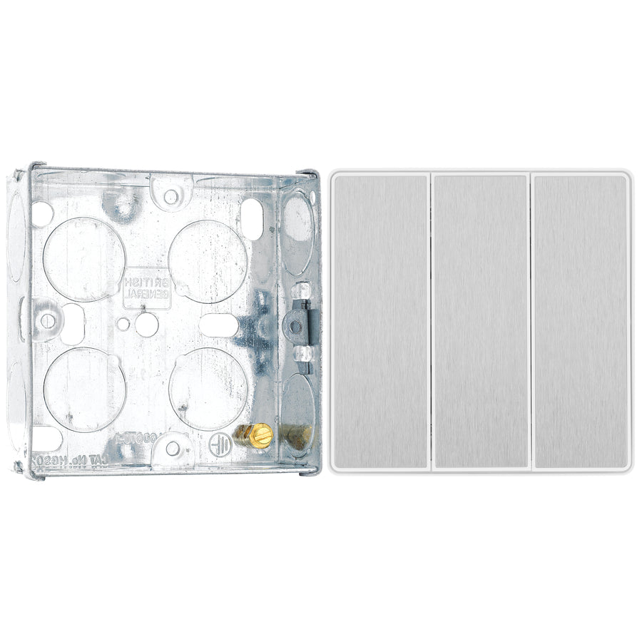BG Evolve Brushed Steel 2 Way Triple Edge to Edge Rocker Switch PCDBS43EW with 25mm Steel Back Box