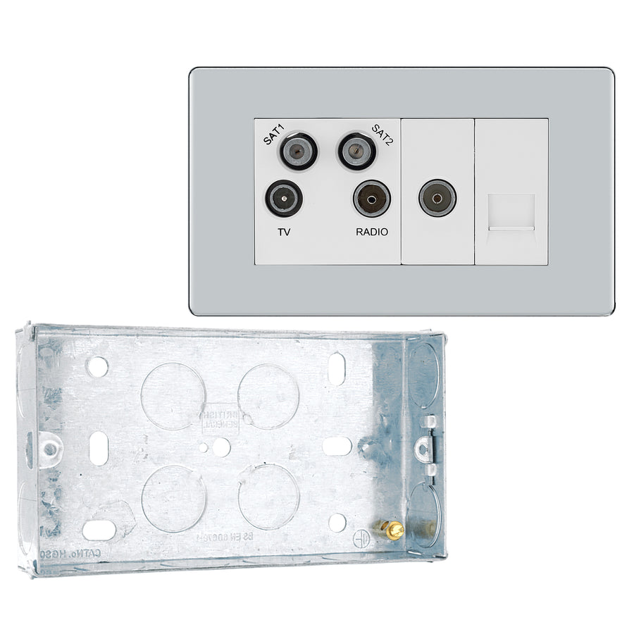 BG Screwless Polished Chrome Quadplex TV FM SAT (x2) FPC69 with 25mm Steel Back Box