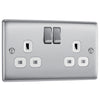 NBS22W Front - This brushed steel finish 13A double switched socket from British General has a sleek and slim profile with softly rounded edges, anti-fingerprint lacquer and no visible plastic around the switches for a luxurious finish