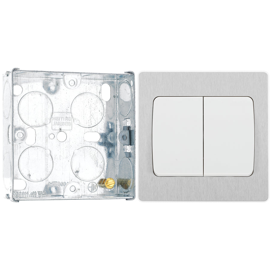 BG Evolve Brushed Steel 2 Gang 20A 16AX 2 Way Wide Rocker Light Switch PCDBS42WW with 25mm Steel Back Box
