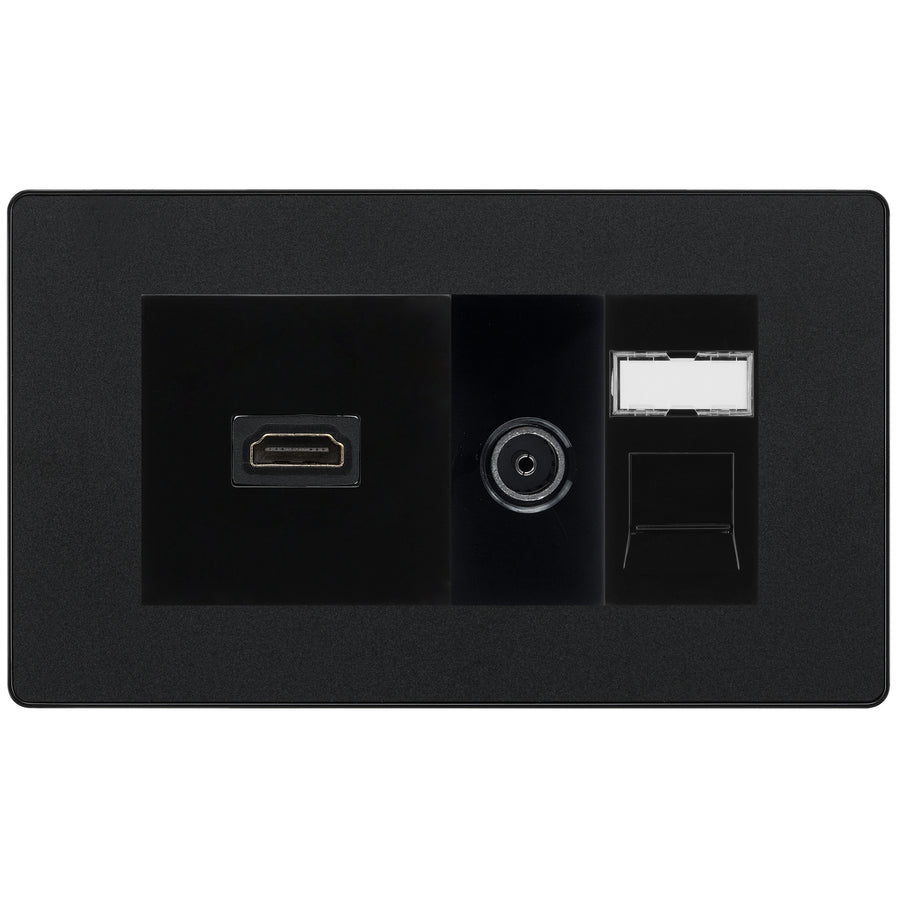 BG Evolve Media Wall Plate — TV Aerial, HDMI & CAT6 | Matt Black Screwless