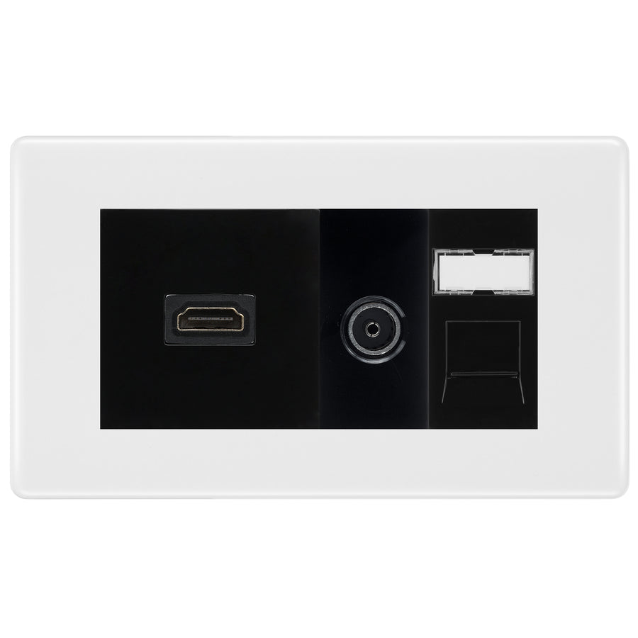 BG Nexus White Moulded Media Wall Plate TV Aerial, HDMI & CAT6 Outlet - Black Insert