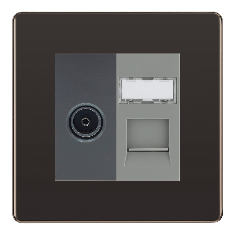 BG Screwless Black Nickel TV Aerial & RJ45 CAT6 Data Socket - Grey Insert
