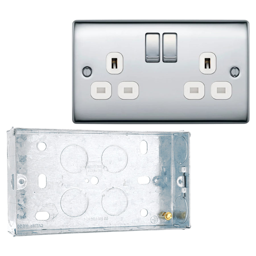 BG Nexus Metal Polished Chrome 13A Double Socket NPC22W with 25mm Steel Back Box