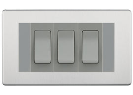 BG Brushed Steel Screwless 3 Gang 20AX 2-Way Switch Custom Grid - Grey Insert