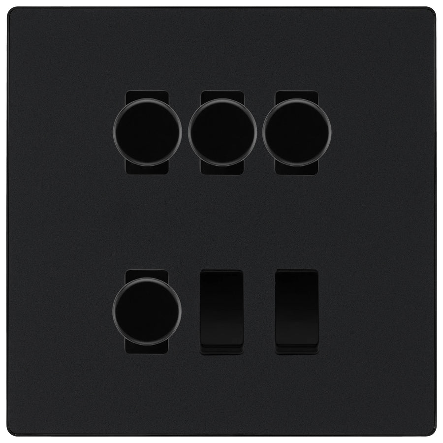 BG Evolve Matt Black 6 Gang Switch 4x Trailing Edge LED Dimmer 2x Intermediate Custom Grid