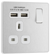 PCDBS21U2W Front - This Evolve Brushed Steel 13A single power socket from British General comes with two USB charging ports, allowing you to plug in an electrical device and charge mobile devices simultaneously without having to sacrifice a power socket.