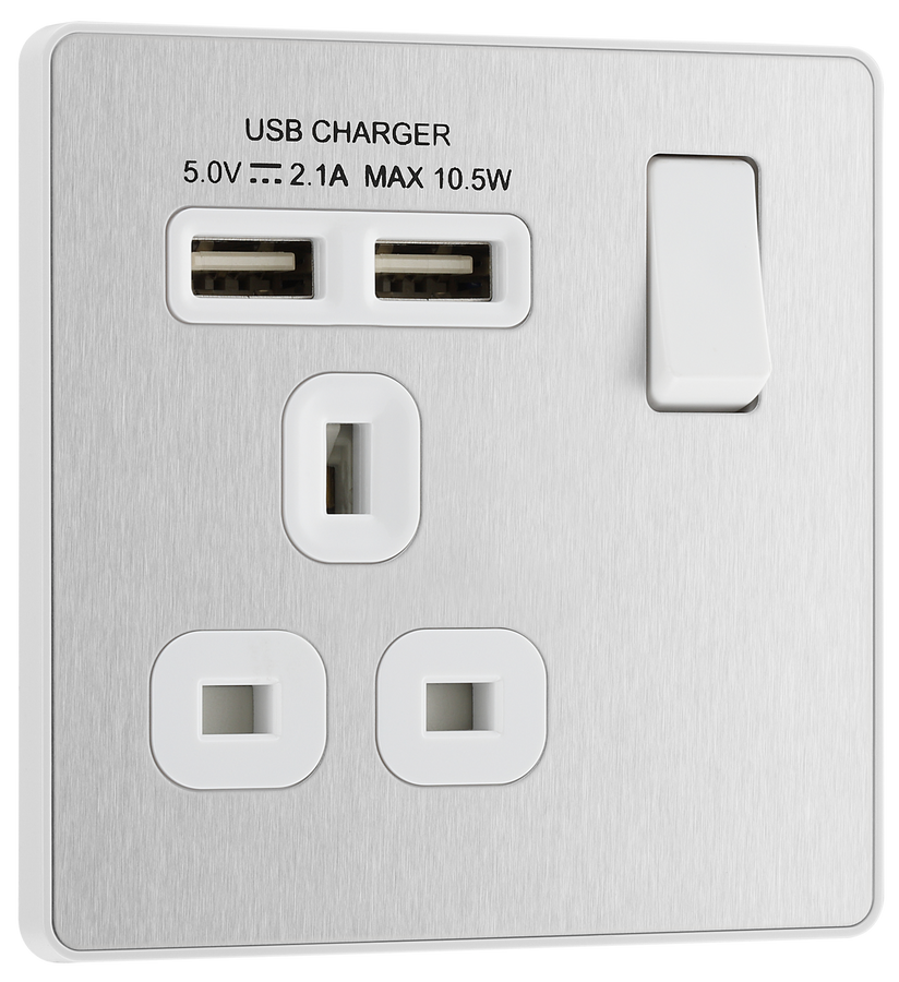 PCDBS21U2W Front - This Evolve Brushed Steel 13A single power socket from British General comes with two USB charging ports, allowing you to plug in an electrical device and charge mobile devices simultaneously without having to sacrifice a power socket.