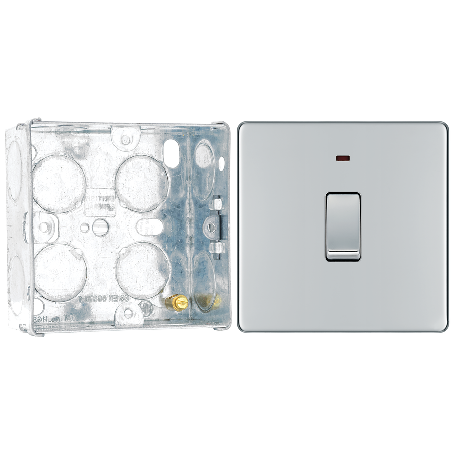 BG Screwless Polished Chrome 1 Gang 20A 2 Pole Neon Switch FPC31 with 35mm Steel Back Box