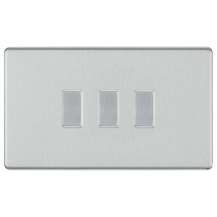 BG Brushed Steel Screwless Flat Plate 3 Gang Light Switch 1x Intermediate 2x 2 Way Custom Switch