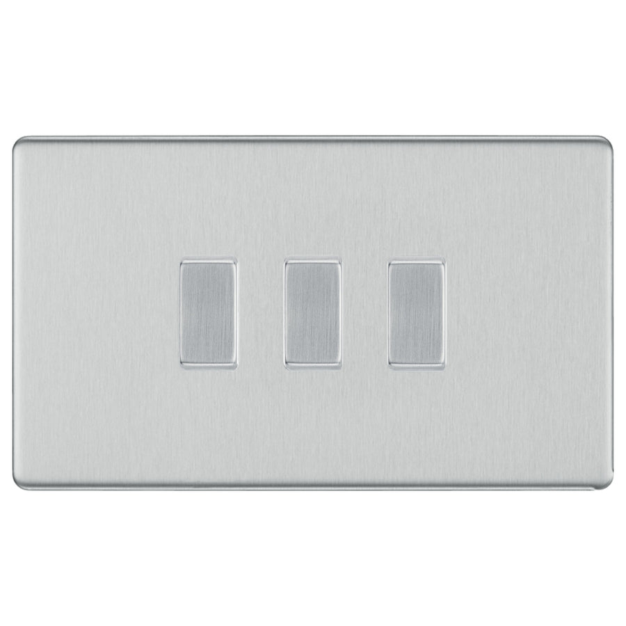 BG Brushed Steel Screwless 3 Gang Switch 1x Intermediate 2x 2 Way Custom Grid