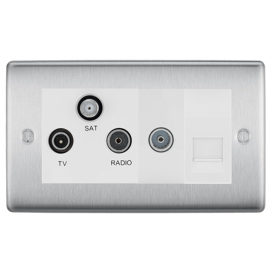 BG Nexus Brushed Steel TV/FM/SAT + Return & 1 Gang Tel - Screened Triplex Socket NBS68W