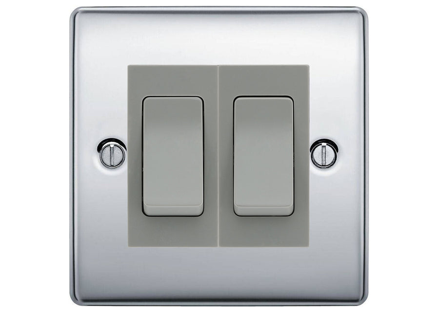 BG Nexus Polished Chrome 2-Gang Light Switch 1x 2-Way + 1x Intermediate – Grey Inserts