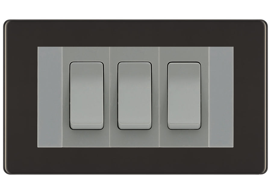 BG Black Nickel Screwless 3G Switch 1x Intermediate 2x 2 Way Switch - Grey Insert