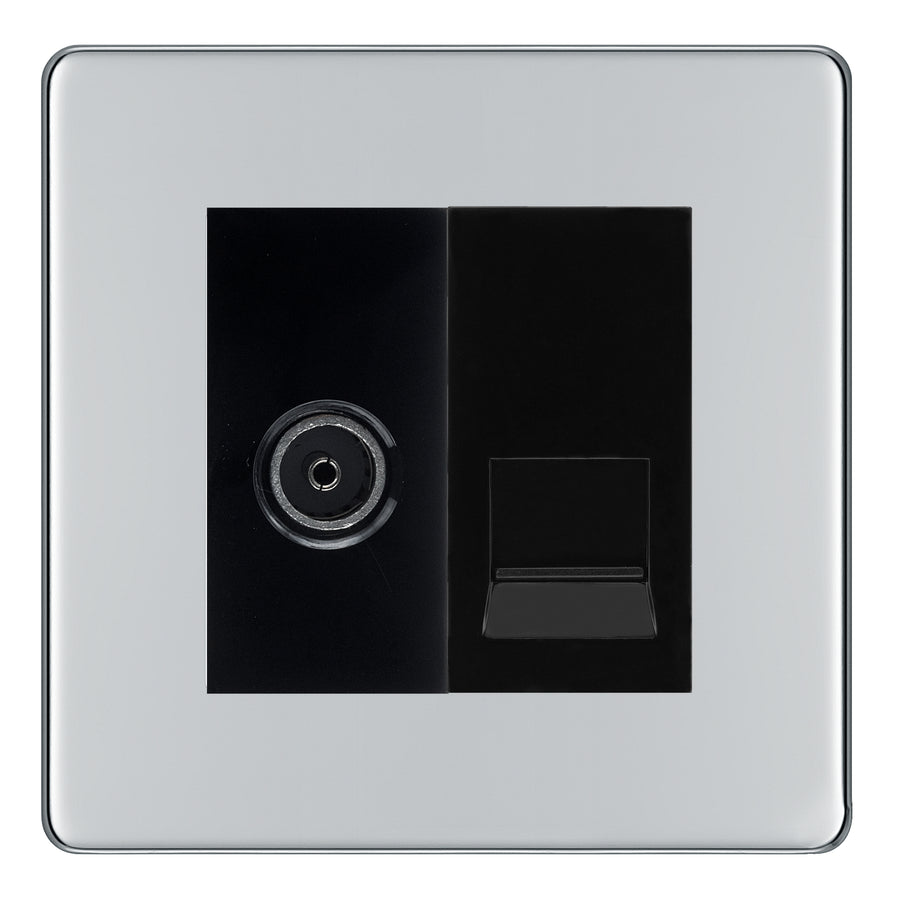 BG Screwless Polished Chrome TV Aerial & BT Telephone Outlet Plate — Black Insert