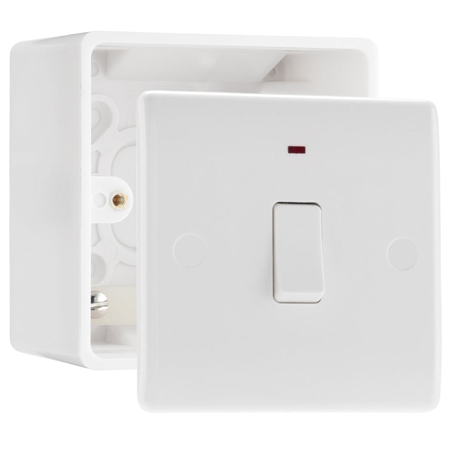 BG Nexus 1 Gang 20A 2 Pole Neon Switch White & 50mm Pattress Back Box