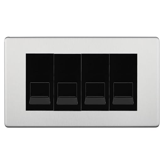 BG Screwless Brushed Steel 4 Gang RJ11 Telephone Socket Euro Module - Black Insert