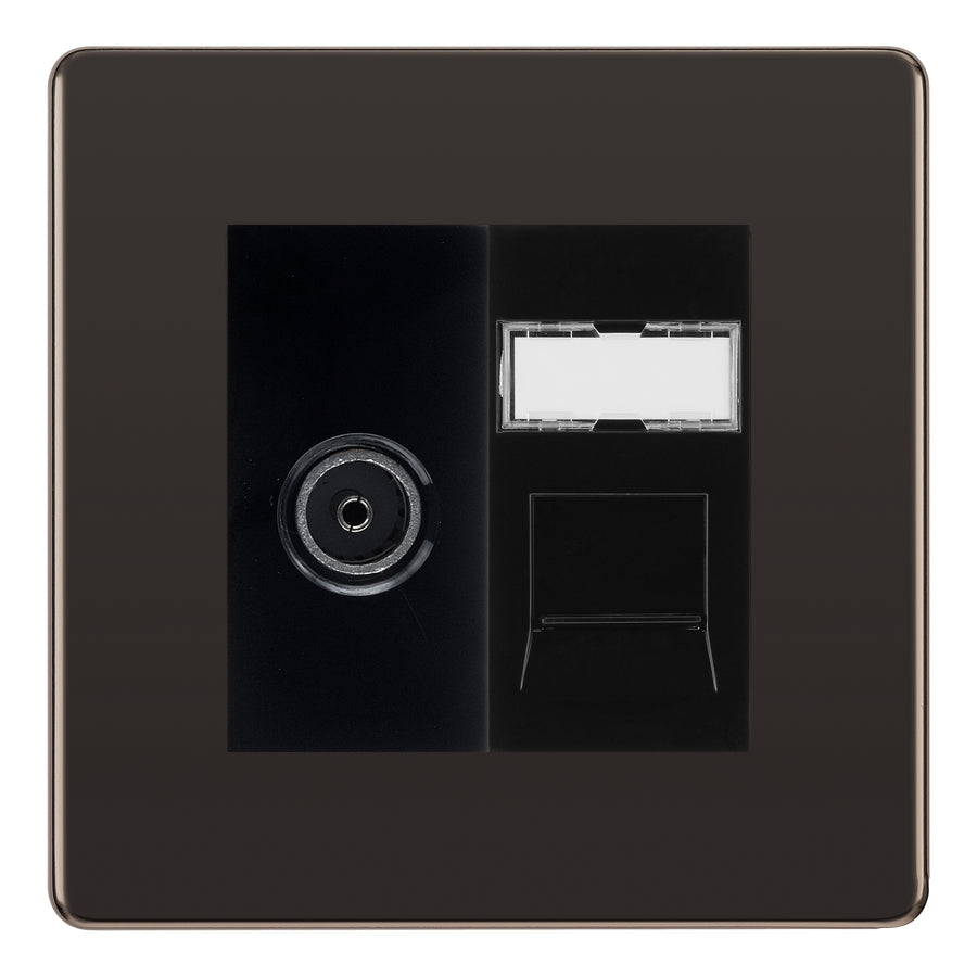 BG Screwless Black Nickel TV Aerial & RJ45 CAT6 Data Socket - Black Insert