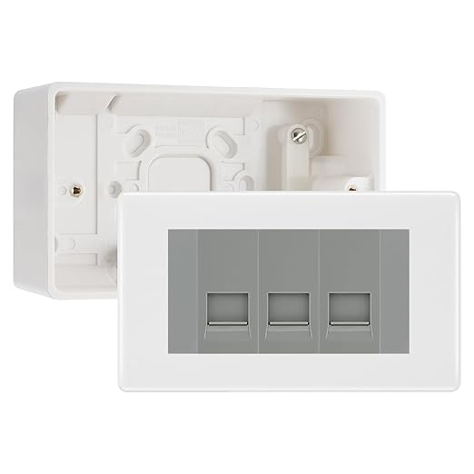 BG White Moulded 3 Gang RJ11 Telephone Socket Euro Module with 50mm Back Box - Grey Insert