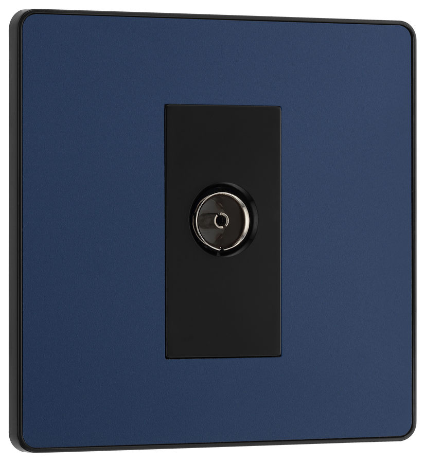 PCDDB60B Front - This Evolve Matt Blue single coaxial socket from British General can be used for TV or FM aerial connections. This socket has a low profile screwless flat plate that clips on and off, making it ideal for modern interiors.