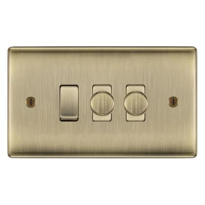 BG Nexus Antique Brass 3 Gang Switch 2x Trailing Edge LED Dimmer 1x Intermediate Custom Grid Switch