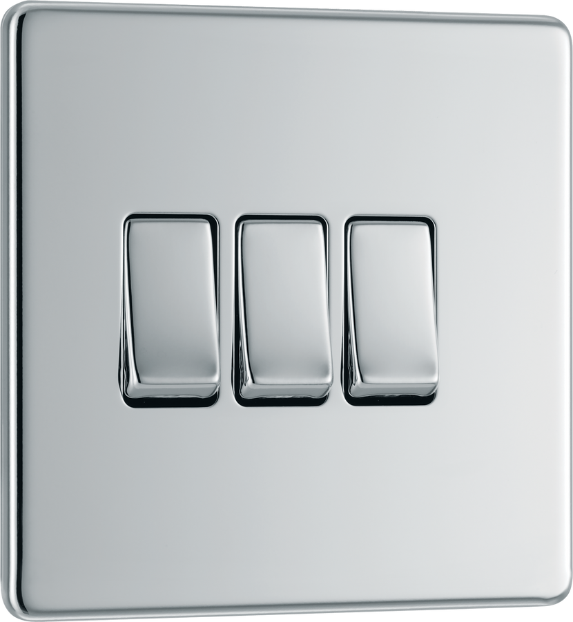 BG Electrical FPC43 Nexus Screwless Flat-Plate Triple Light Switch Polished Chrome 2 Way 10A