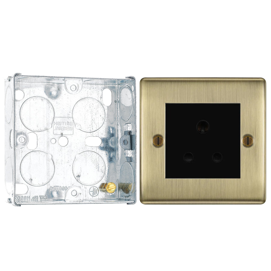 BG Nexus Antique Brass 5A Single Round Pin Unswitched Socket NAB29B with 25mm Steel Back Box