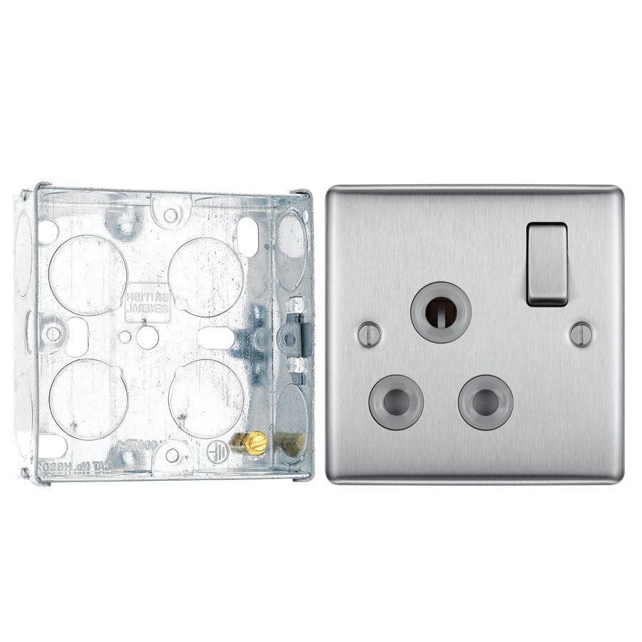 BG Nexus Brushed Steel 15A Switched Round Pin Single Socket NBS99G and 25mm Steel Back Box