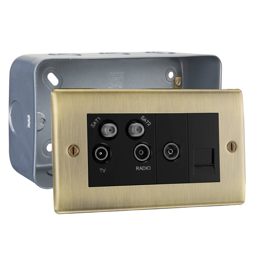 BG Nexus Antique Brass Quadplex 2x Satellite BT and Co-Axial Socket with Surface Pattress Back Box