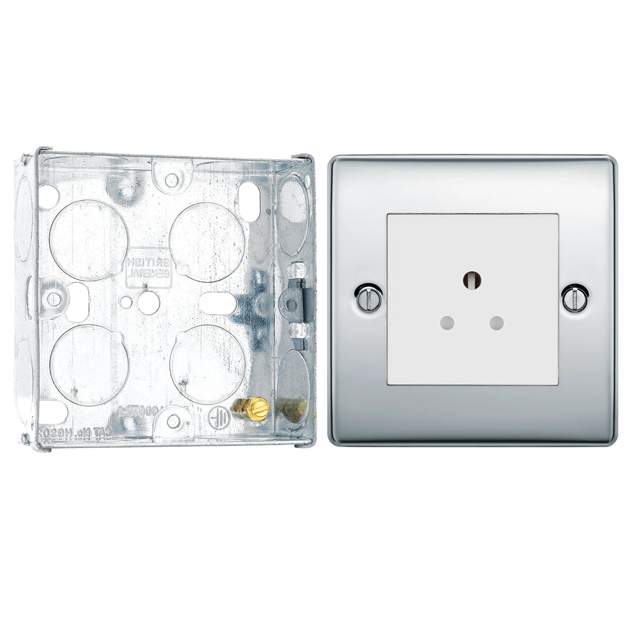 BG Nexus Polished Chrome 2A Unswitched Round Pin Socket NPC28W with 25mm Steel Back Box