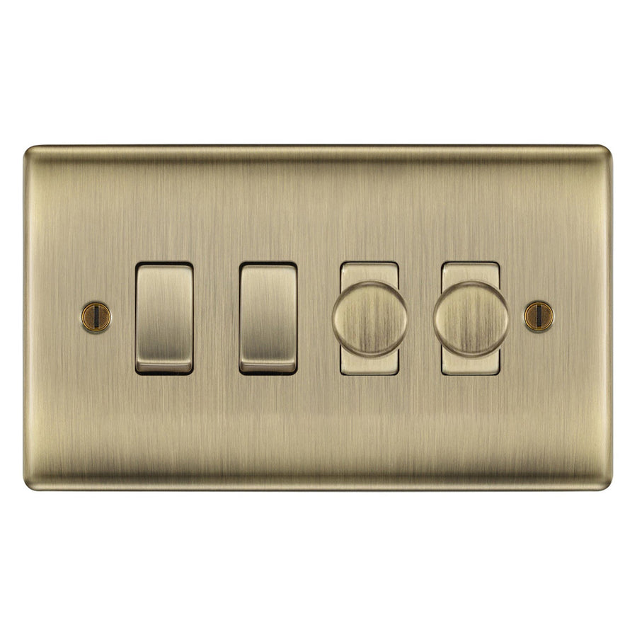 BG Antique Brass 4 Gang Switch 2x Trailing Edge LED Dimmer 2x 2 Way Custom Grid