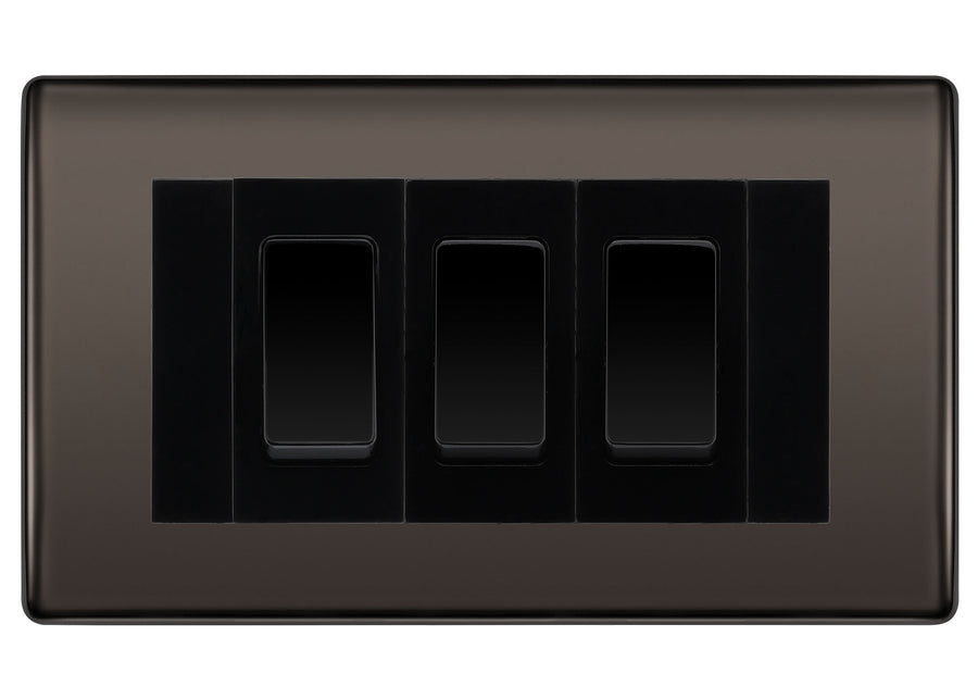 BG Nexus Black Nickel 3 Gang Intermediate Light Switch Custom Grid - Black Insert