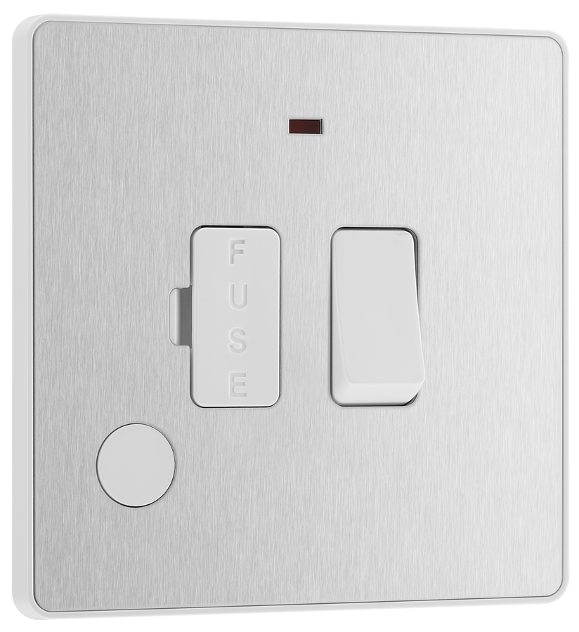 PCDBS52W Front - This Evolve Brushed Steel 13A fused and switched connection unit from British General with power indicator provides an outlet from the mains containing the fuse, ideal for spur circuits and hardwired appliances.