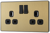 PCDSB22B Front - This Evolve Satin Brass 13A double switched socket from British General has been designed with angled in line colour coded terminals and backed out captive screws for ease of installation, and fits a 25mm back box making it an ideal retro-fit replacement for existing sockets.