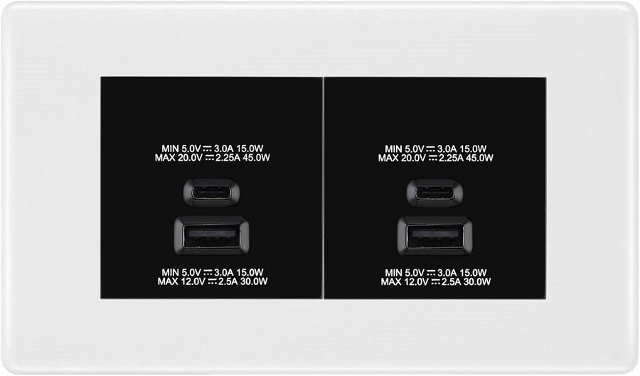 BG White 4 Gang Faceplate with 45W USB A+C Charger Modules – Black Insert