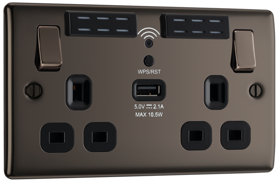 NBN22UWRB Front - This 13A double power socket with integrated Wi-Fi Extender from British General will eliminate dead spots and expand your Wi-Fi coverage.