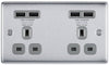 NBS24U44G Front - The BG Electrical Nexus Metal NBS24U44G is a brushed stainless steel double (2 gang) switched socket with grey inserts and 4 4.2A USB sockets, manufactured by British General Electrical. 