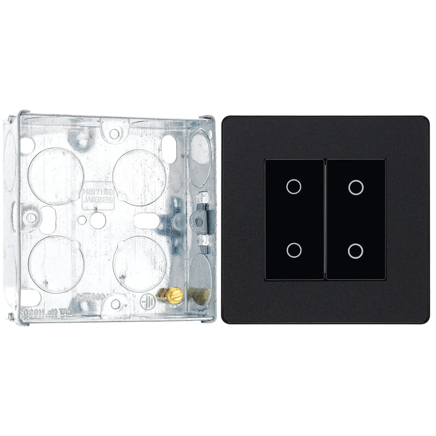 BG Evolve Matt Black 2 Gang 200W Trailing Edge Master Touch Dimmer PCDMBTDM2B with 25mm Steel Back Box