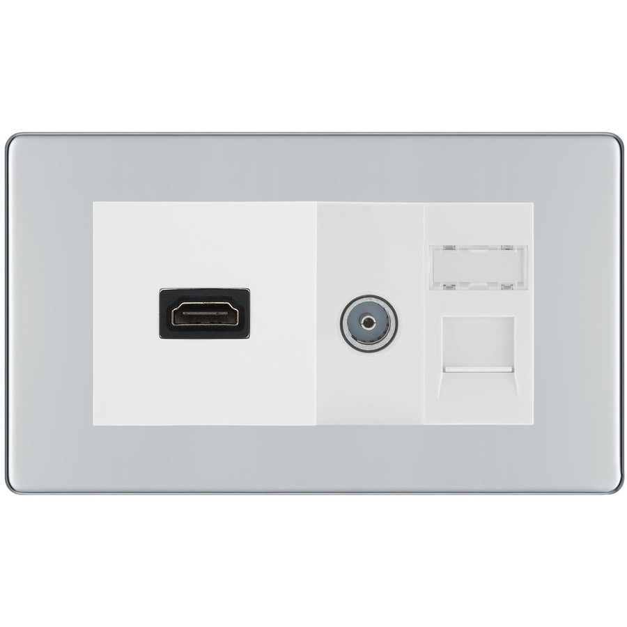 BG Screwless Polished Chrome Media Wall Plate TV Aerial, HDMI & CAT6 Outlet – White Insert
