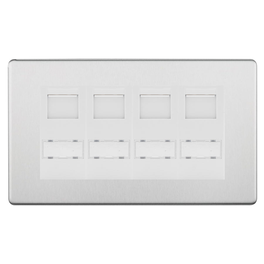 BG Screwless Brushed Steel 4 Gang RJ45 Cat6 Data Socket White Inserts