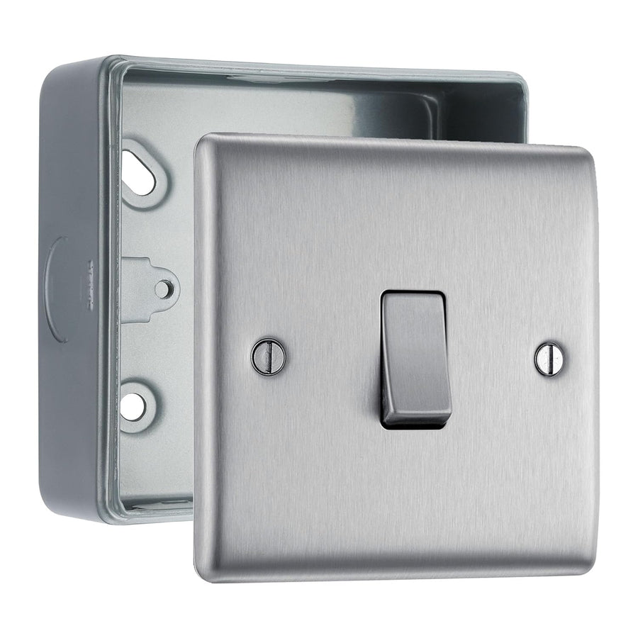 Brushed Steel 1 Gang 20A 16AX Intermediate Light Switch & Surface Pattress Back Box