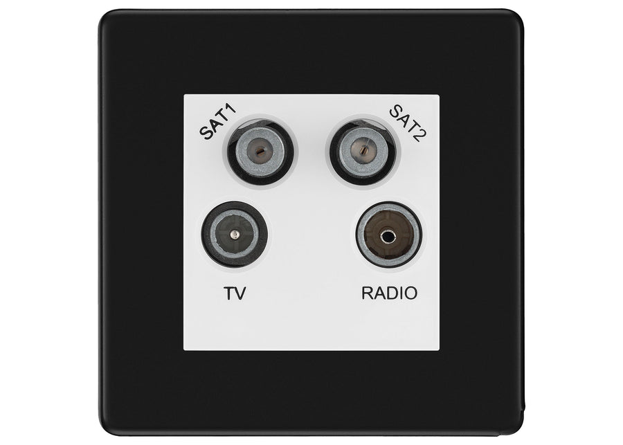 BG Screwless Matt Black TV/FM/2x SAT Quadplex Socket – White Insert