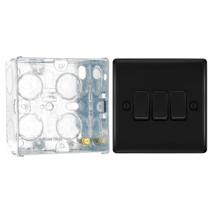 BG Nexus Matt Black 20A 16AX 2-Way Triple Light Switch NFB43 with 35mm Steel Back Box
