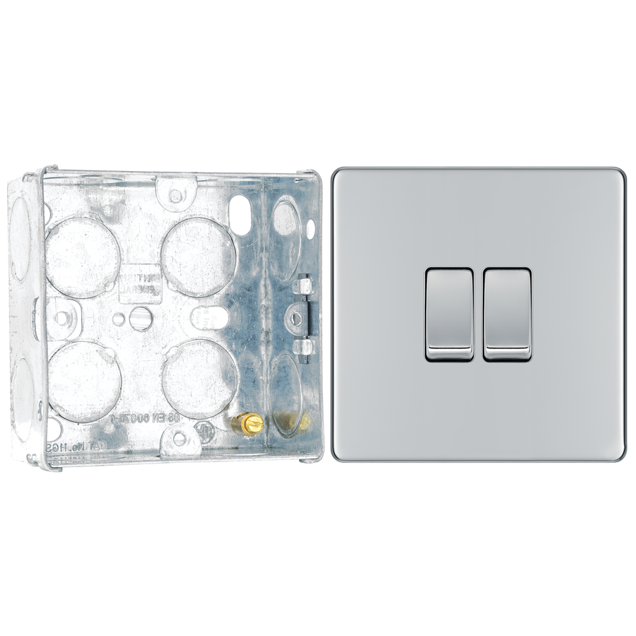 BG Screwless Polished Chrome 20A 16AX 2 Way Double Light Switch FPC42 with 35mm Steel Back Box