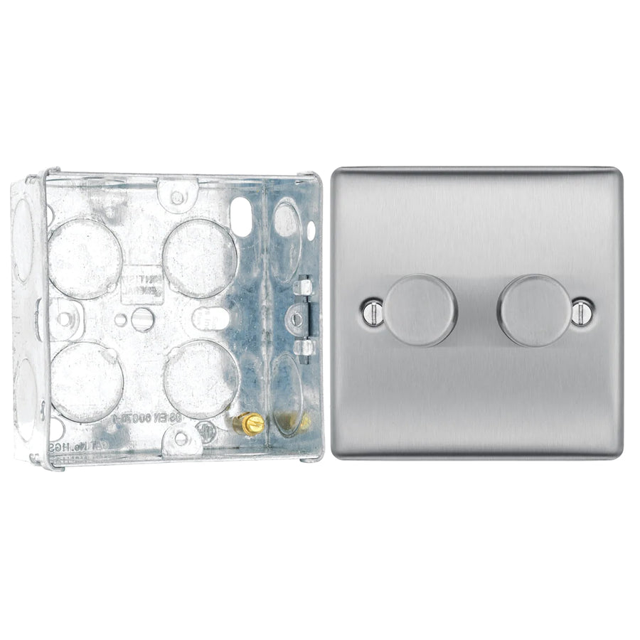 BG Nexus Brushed Steel 200W 2 Way Trailing Edge Double Dimmer Switch NBS82 with 35mm Steel Back Box