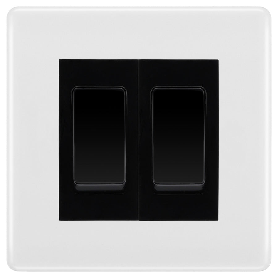 BG White Moulded 2-Gang Light Switch 1x 2-Way + 1x Intermediate – Black Inserts