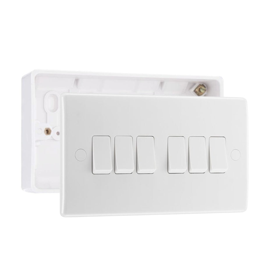 BG Nexus 6 Gang 10AX 2 Way Light Switch White & 32mm Pattress Back Box